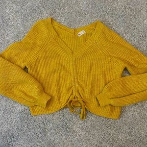 So yellow knit ruched tie sweater